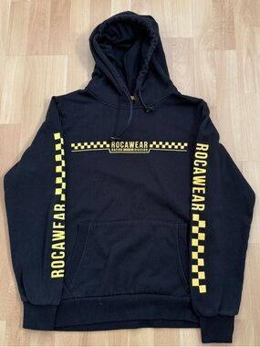 Rocawear Y2K Black Hoodie with Yellow Racing Check Graphics Mens Size Medium